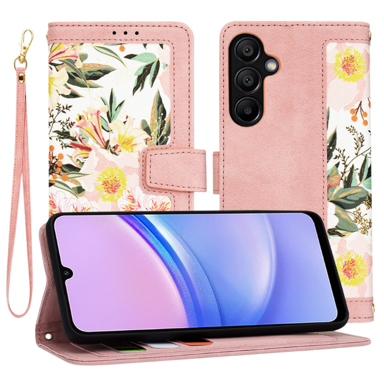 Preklopna torbica za Samsung Galaxy A15, z rožami – Infostyle – Roza / Naravno usnje + TPU silikon