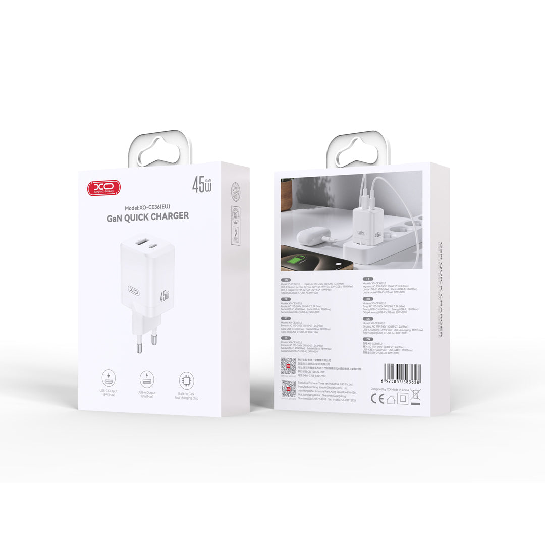 XO CE36 USB-C polnilec 45W PD + USB-A bel | Hitri stenski adapter