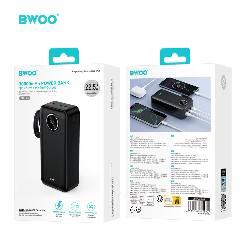BWOO 30000 mAh Power Bank 22,5W z LCD zaslonom