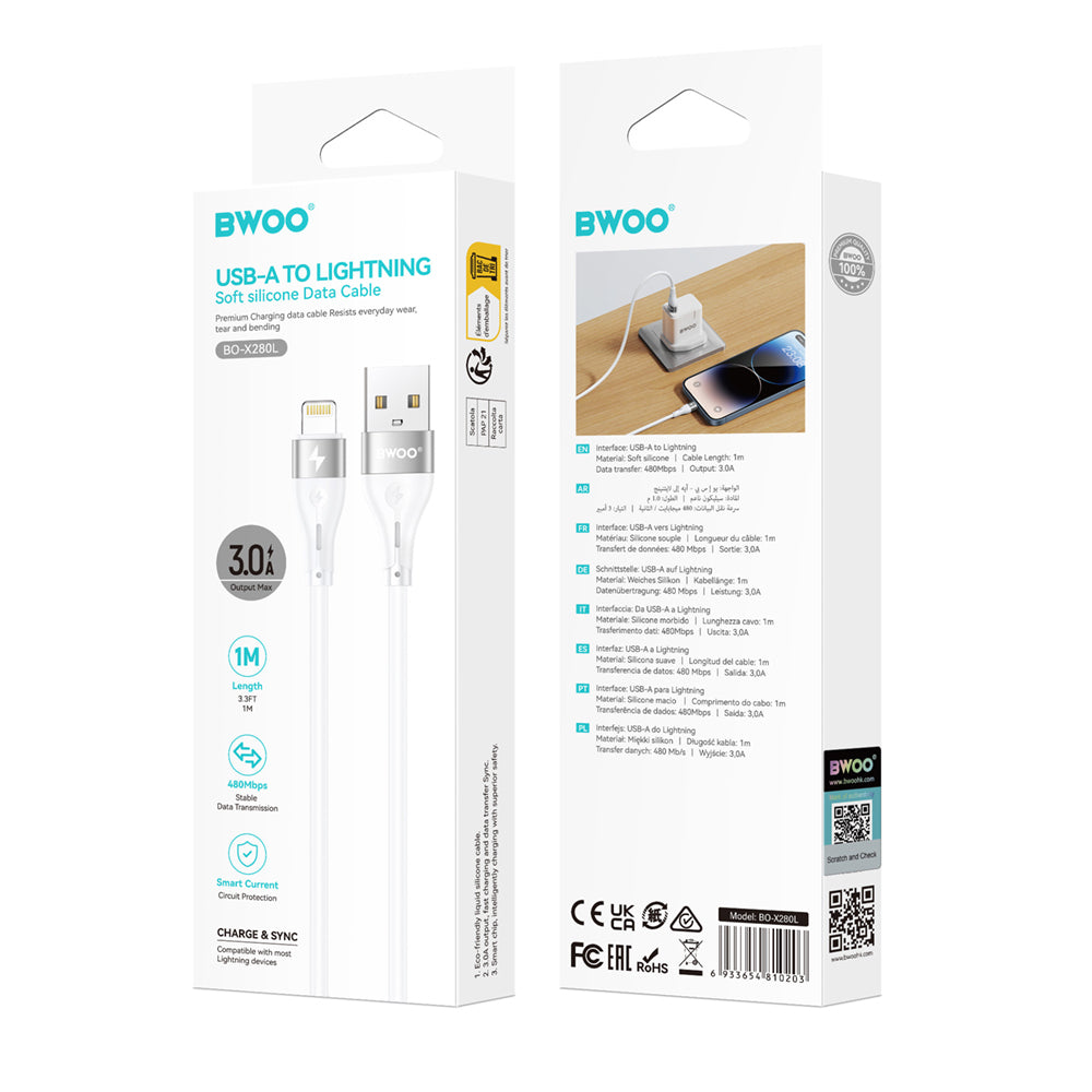 BWOO X280L USB na Lightning kabel 1 m 3A bel