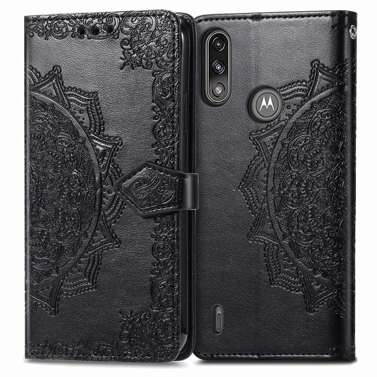 Preklopna torbica Mandala za Motorola Moto E7i Power – denarnica, TPU zaščita (črna)