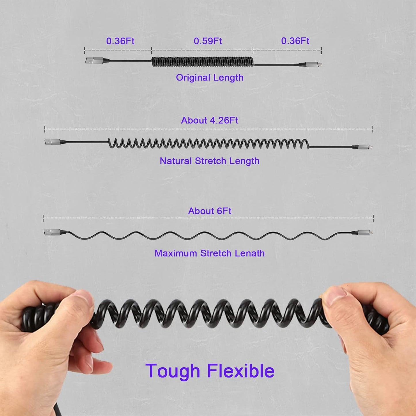 Spiral Lightning Cable for iPhone MFi CarPlay USB – Extendable 0.4–1.2 m