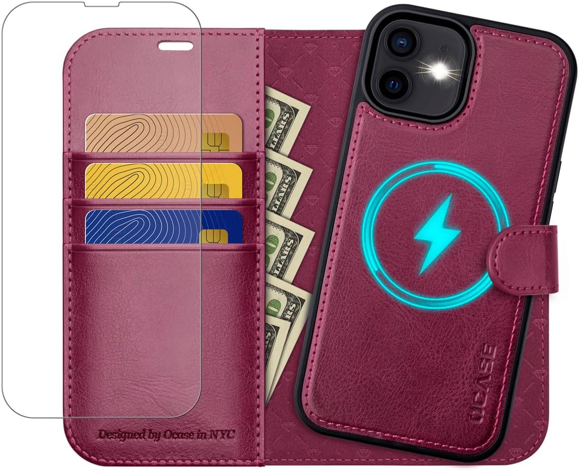 OCASEsnemljivovitekdenarnicaza iPhone12/12Pro-bordo+zaščitnosteklo