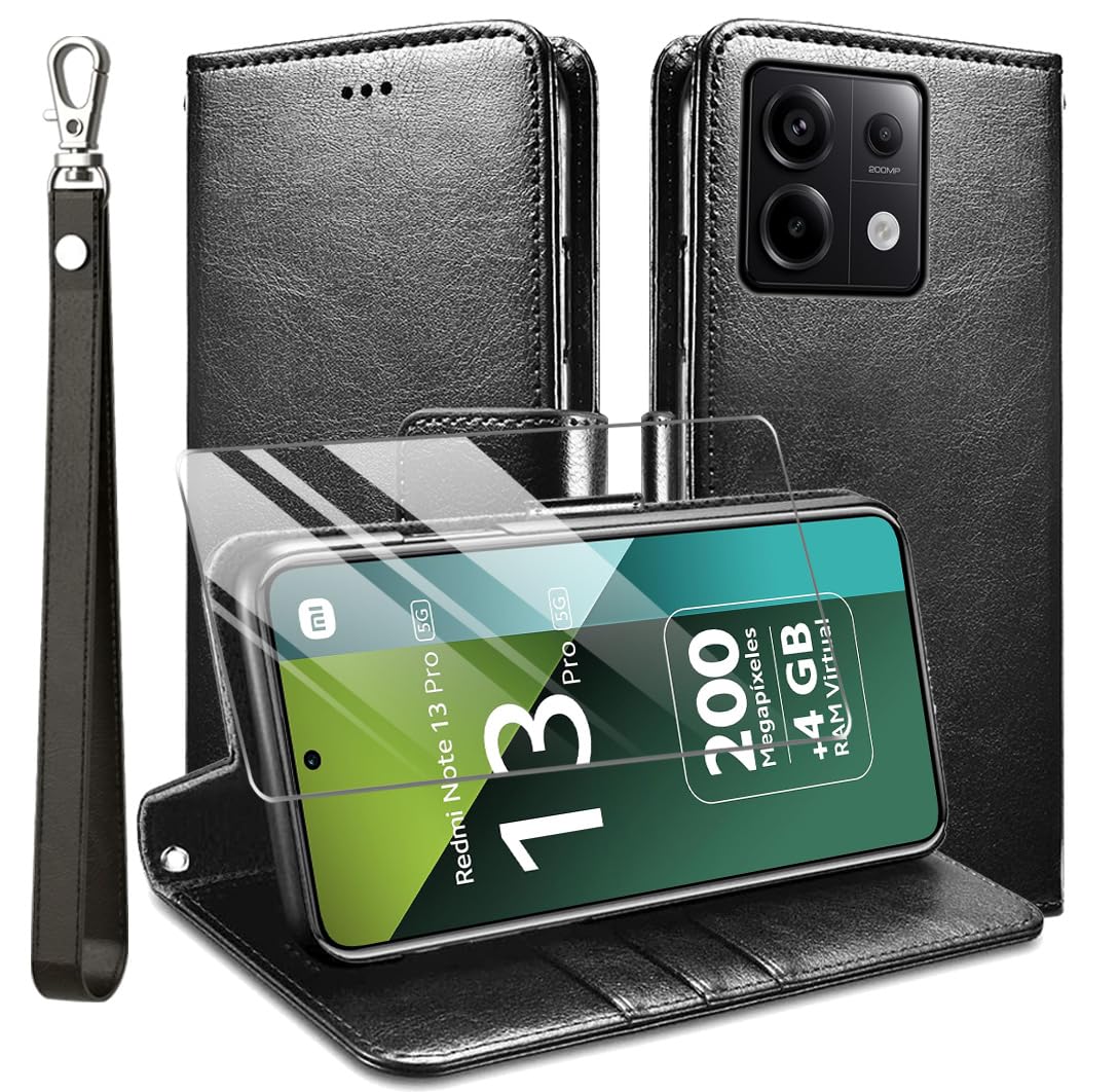 Usnjena preklopna torbica Premium Black + steklo za Xiaomi Redmi Note 13 Pro 5G / Poco X6 5G