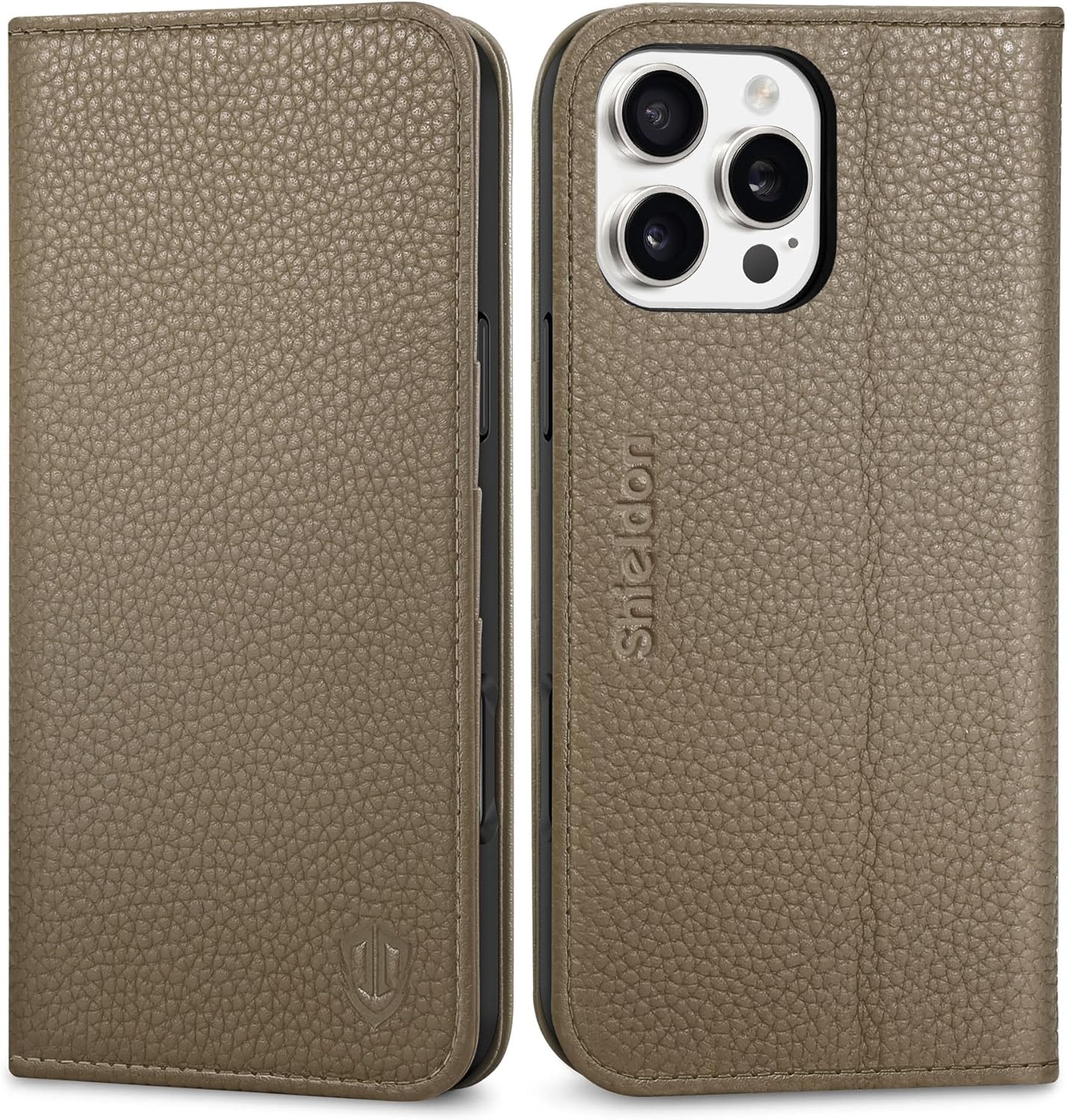 SHIELDON Leather Flip Case for iPhone 16 Pro Max – Khaki