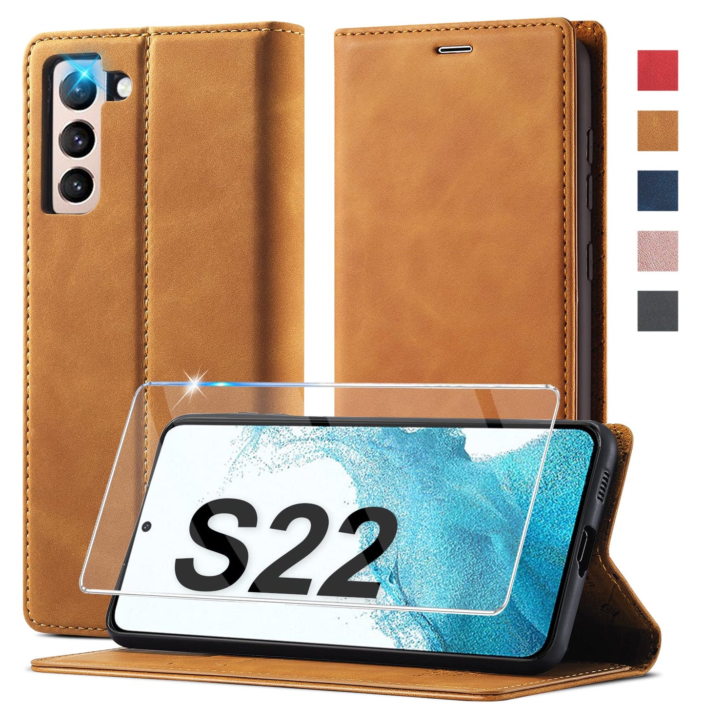 LC.IMEEKE preklopna torbica + steklo za Samsung Galaxy S22 rjava
