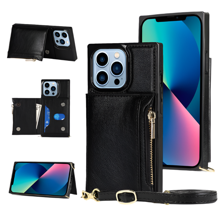Ovitek z denarnico in trakom "LOKASS" za telefon iPhone 14 Pro – Črna