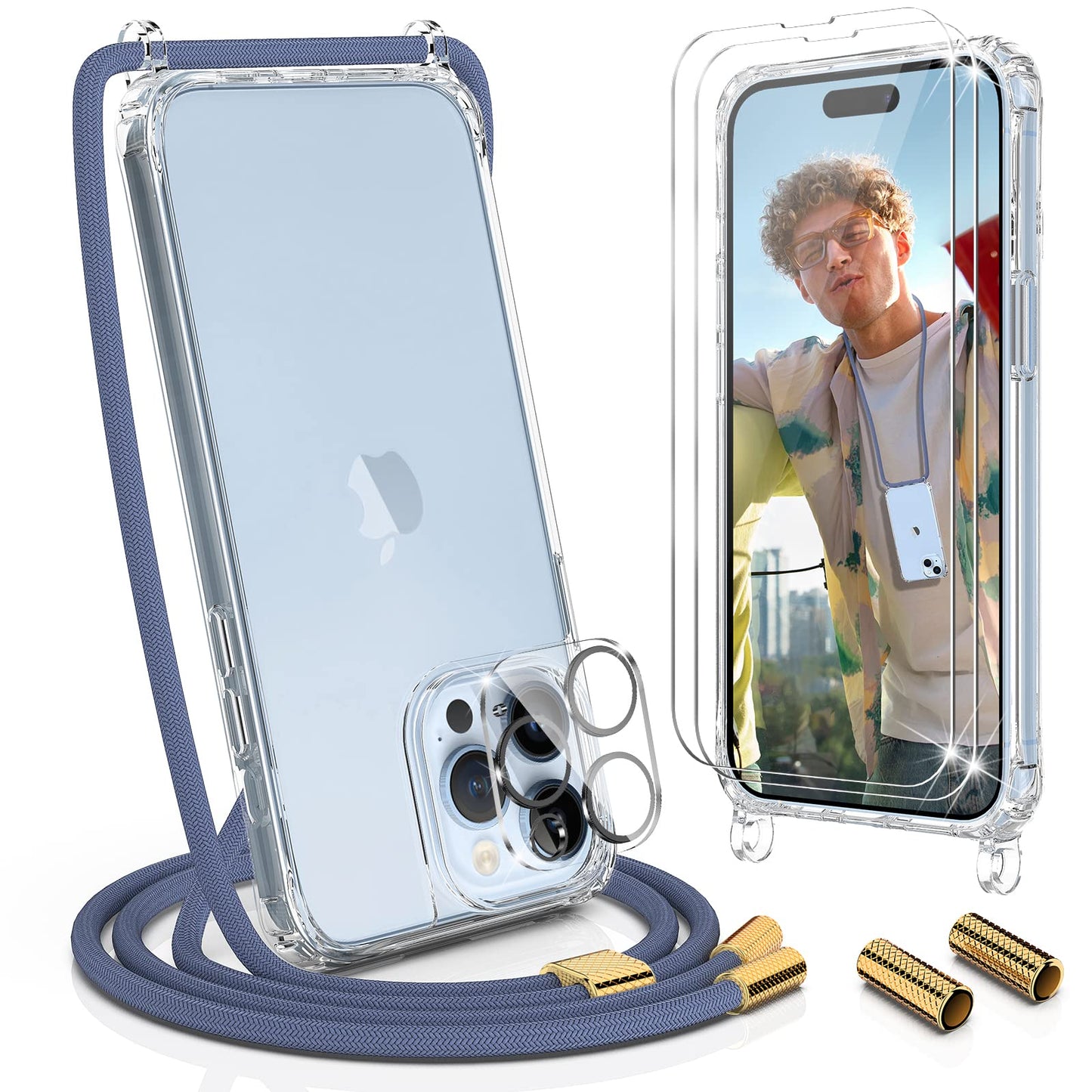 Ovitek za telefon z vrvico + 2x zaščitno steklo + zaščita za kamero "Uymo" iPhone 14 Pro Max – Infostyle – Prozorna