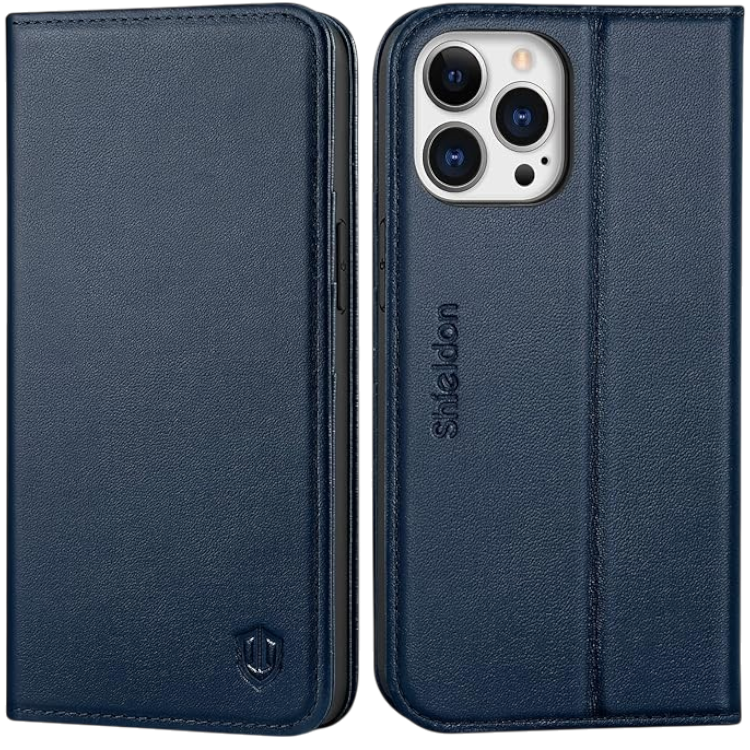 Preklopna torbica "SHIELDON " za iPhone 13 Pro – Temno modra / Naravno usnje + TPU silikon