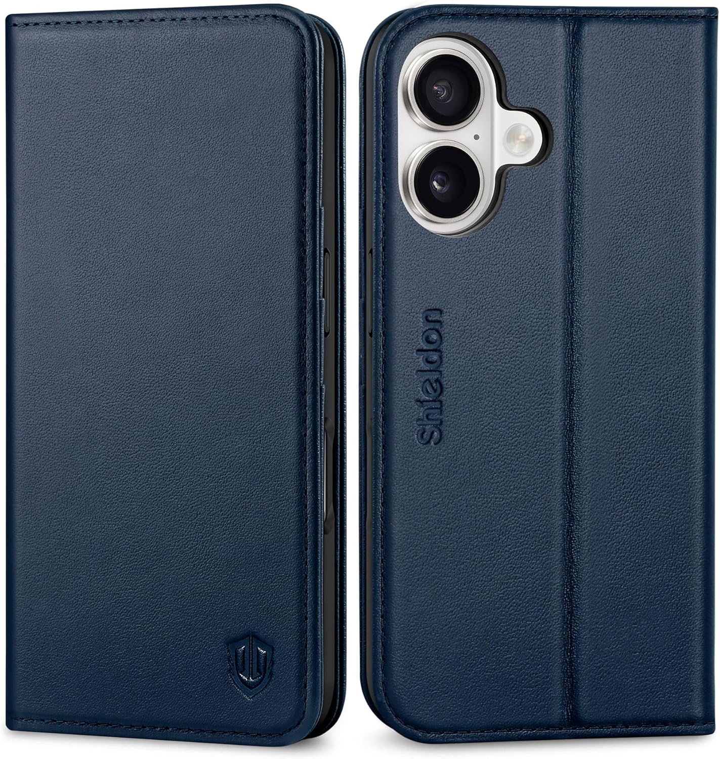 SHIELDON usnjena preklopna torbica za iPhone 16 Plus – Temno modra