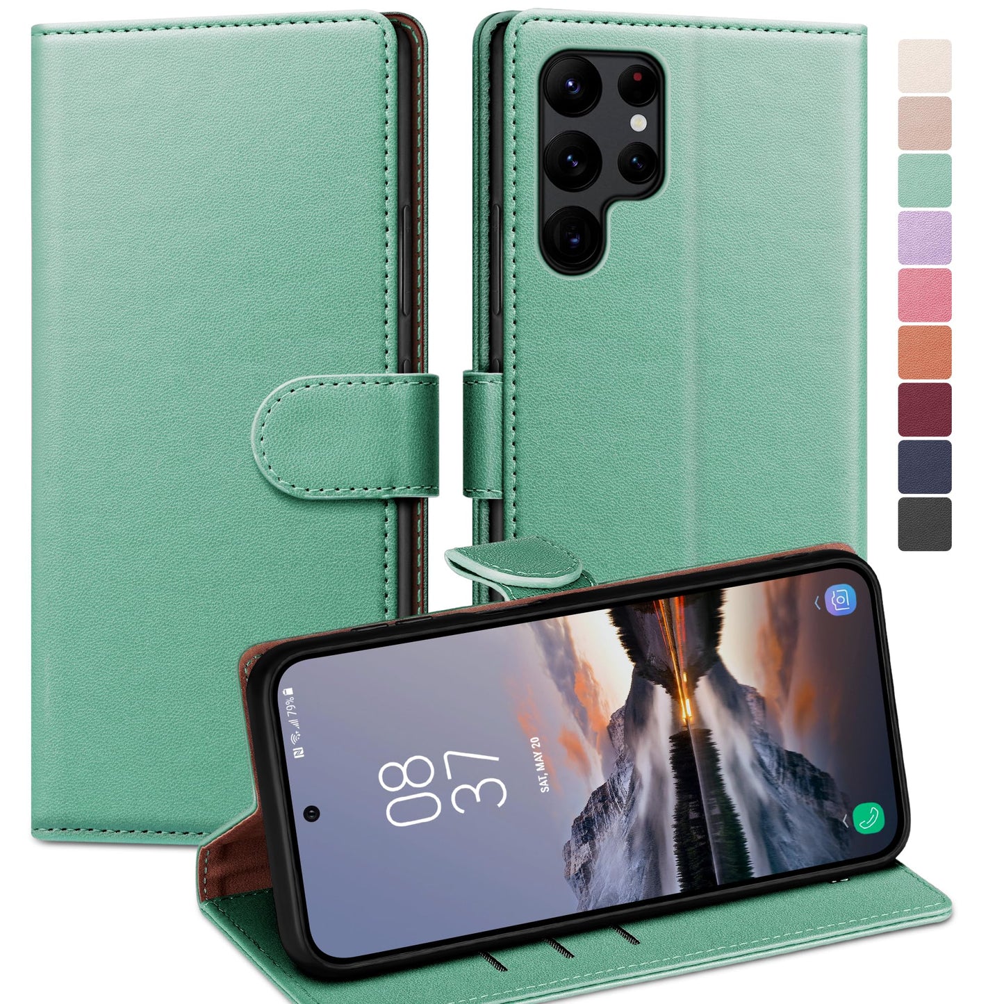 Usnjena preklopna torbica RingPi za Samsung Galaxy S22 Ultra mint zelena