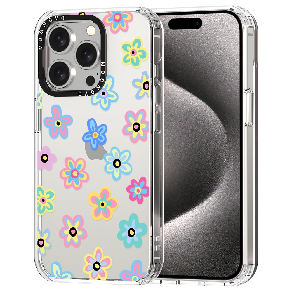 Ovitek MOSNOVO za iPhone 15 Pro Psychedelic Flower, barvit psihodelični cvetlični motiv z robustno zaščito telefona