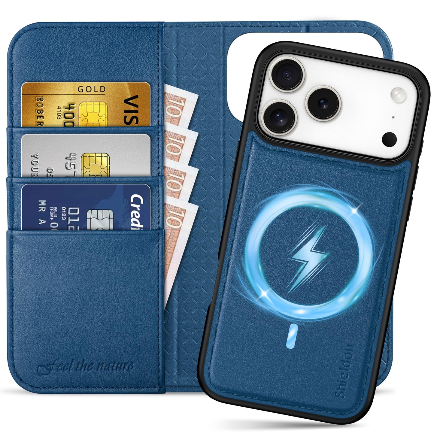 SHIELDON odstranljiva denarnica iz pravega usnja za iPhone 17 Pro Max kraljevsko modra premium usnjen ovitek z režami za kartice