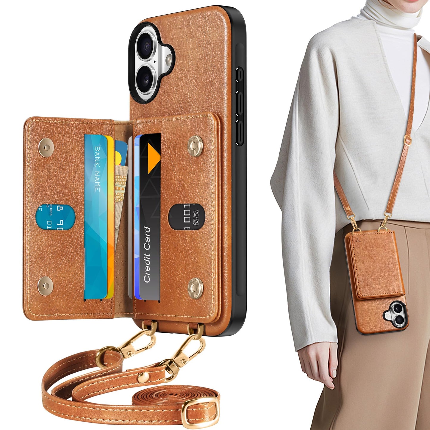 TUCCH iPhone 16 Plus Wallet Case with RFID Protection and Lanyard - Brown