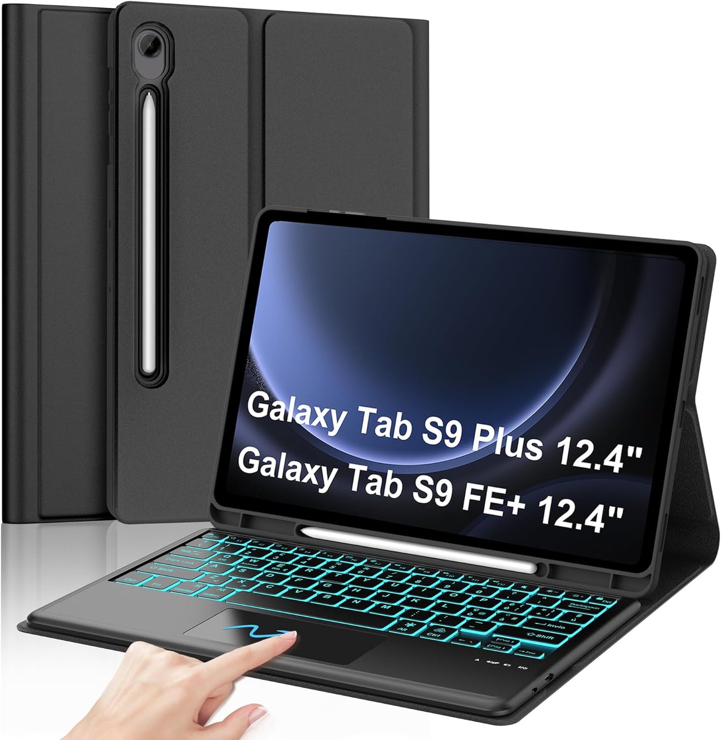 JADEMALL ovitek s tipkovnico za Samsung Tab S9 FE+/S9 Plus/S10 Plus 12,4" – AZERTY, snemljiva osvetljena tipkovnica, sledilna ploščica, črna