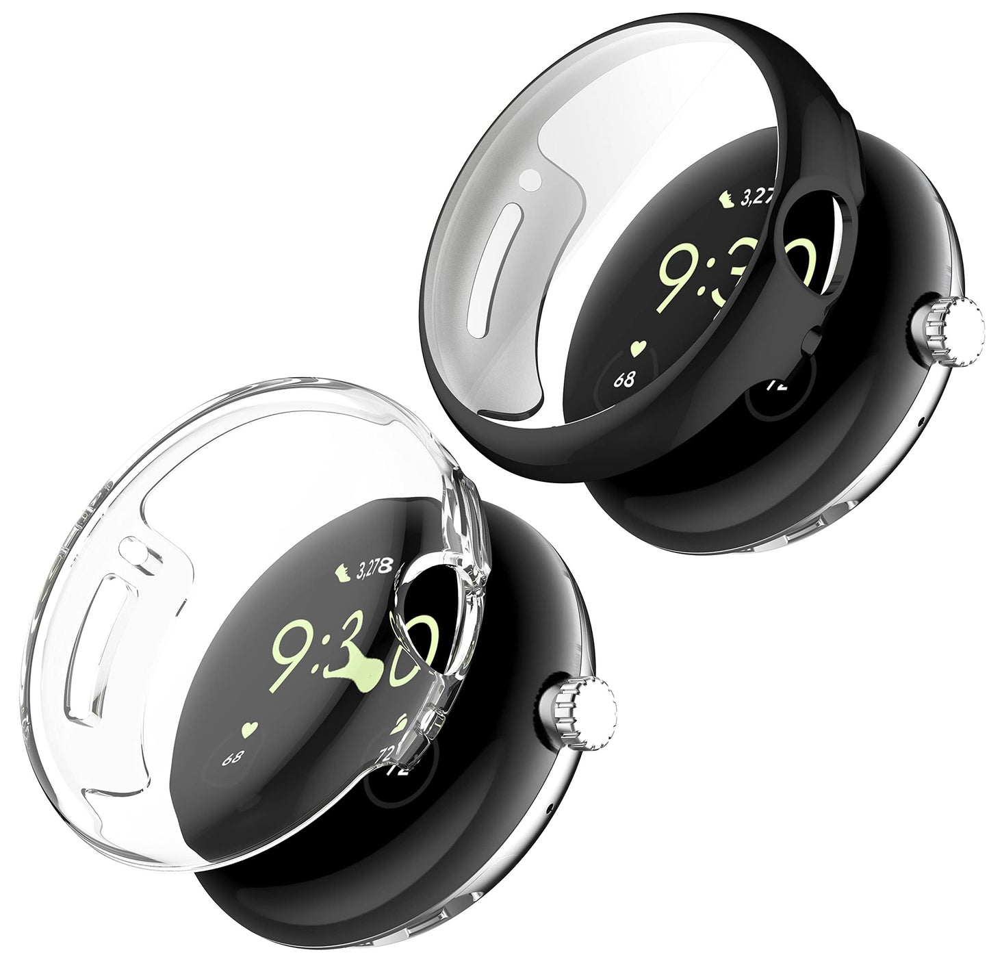 GIOPUEY Case for Google Pixel Watch 1/2/3 (41mm) - 2x TPU Protector, Black + Clear
