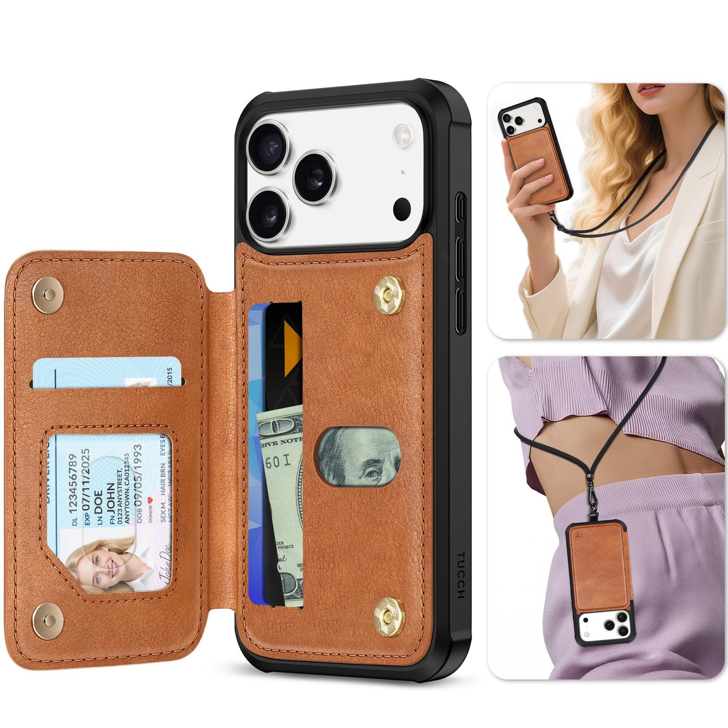 TUCCH maskica za iPhone 17 Pro Max s novčanikom, RFID zaštitom i trakom – smeđa