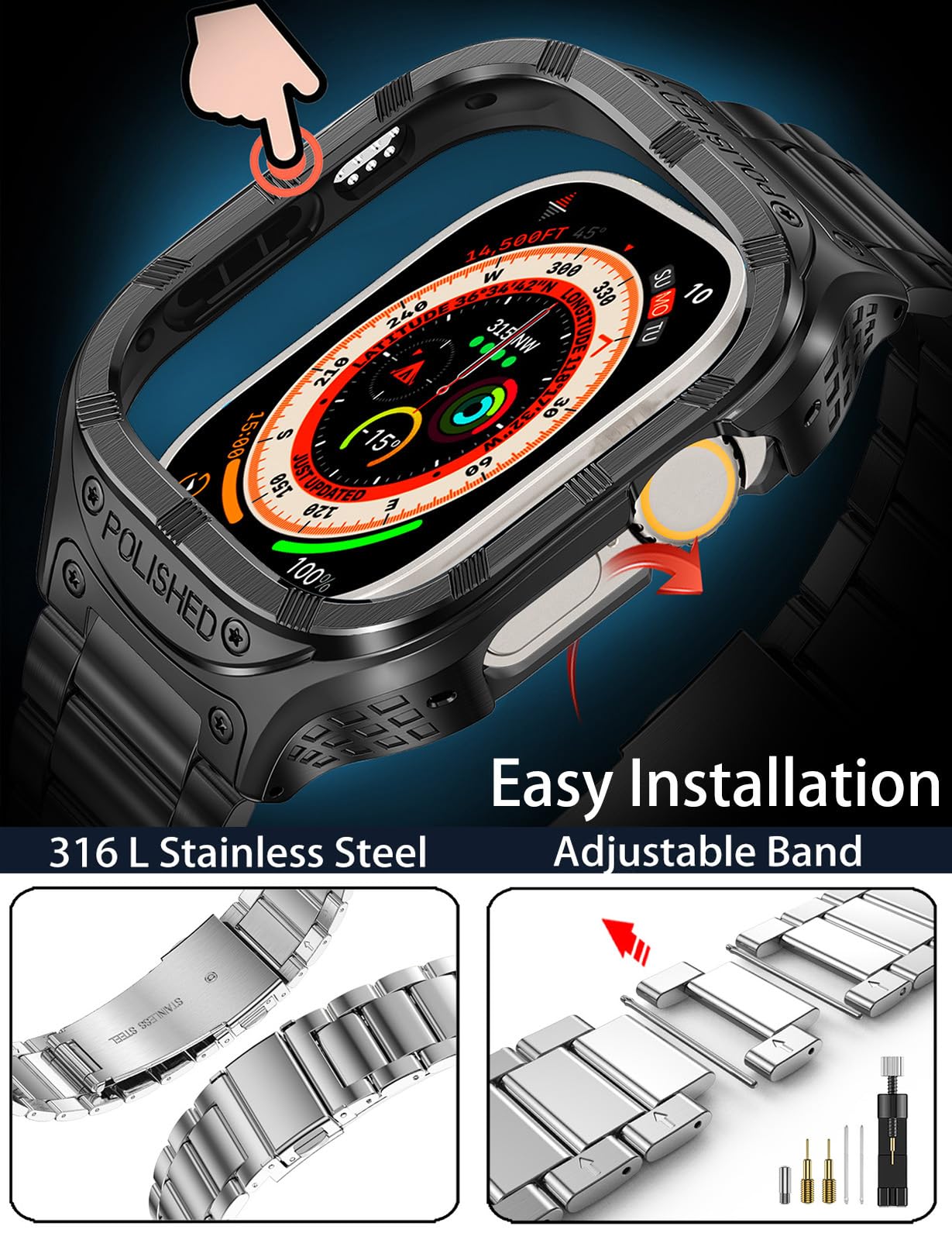 Caseultra Kovinsko Ohišje in Pašček za Apple Watch 45mm/44mm/42mm, Nerjaveče Jeklo, Robustna Zaščita za Series 9/8/7/6/5/4/SE/3/2/1