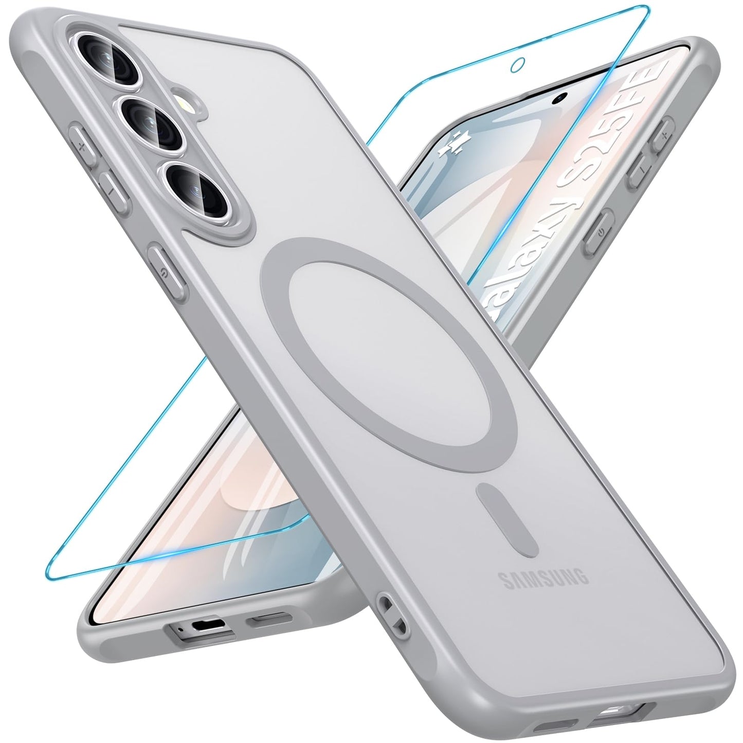 Magnetni ovitek za Samsung Galaxy S25 FE – 9H steklo, MagSafe, vojaška zaščita, siv