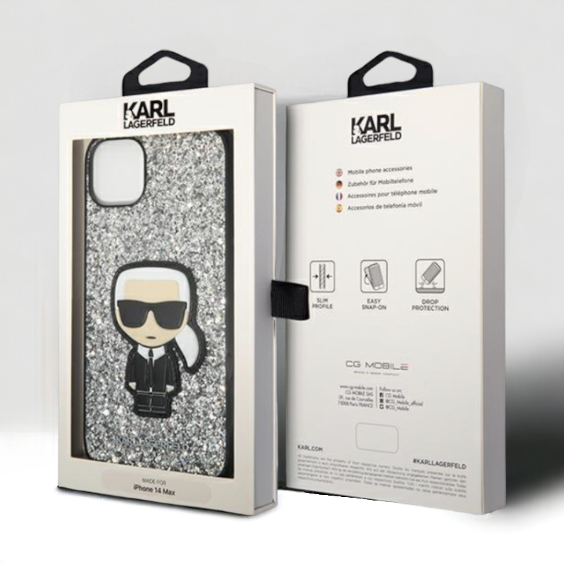 Ovitek Karl Lagerfeld "Iconic Karl - silver glitter flakes" za iPhone 14 Pro Max (KLHCP14XGFKPG)