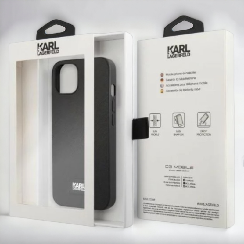 Ovitek Karl Lagerfeld "Saffiano Plaque - black" za iPhone 13/14/15 (KLHCP13MSFMP2K)