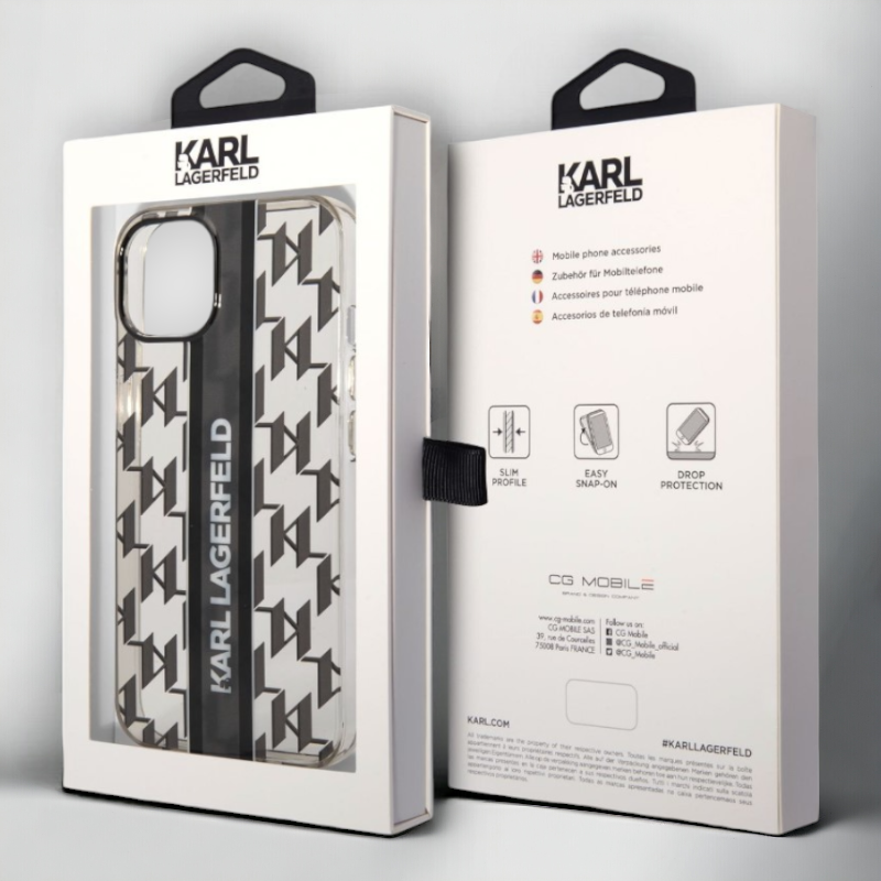 Ovitek Karl Lagerfeld " Monogram Vertical Strap - black" za iPhone 13/14/15 (KLHCP14SHKLSPCK)