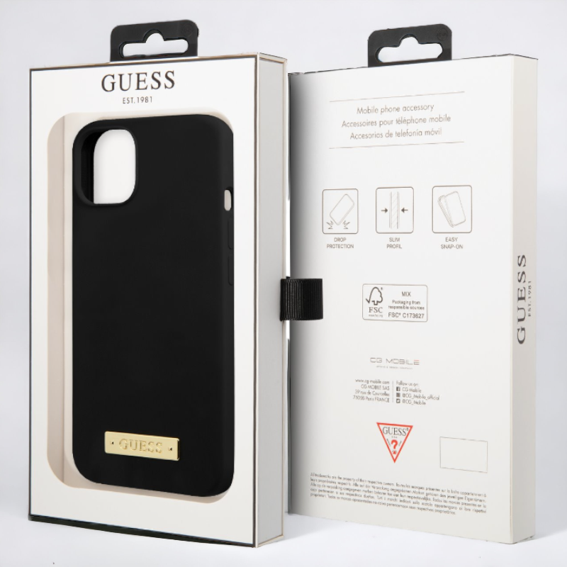 Silikonski ovitek Guess "Metal Logo" za iPhone 13 Pro z MagSafe tehnologijo - črn (GUHMP13LSBPLK)