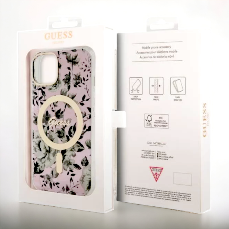 Ovitek Guess "Flower" za iPhone 14 Pro s tehologijo MagSafe - roza (GUHMP14LHCFWSP)