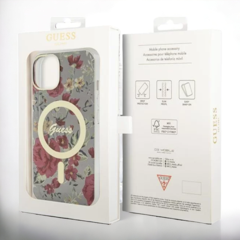 Ovitek Guess "Flower" za iPhone 14 s tehologijo MagSafe - rjava (GUHMP14SHCFWSA; GUHMP13MHCFWSA)