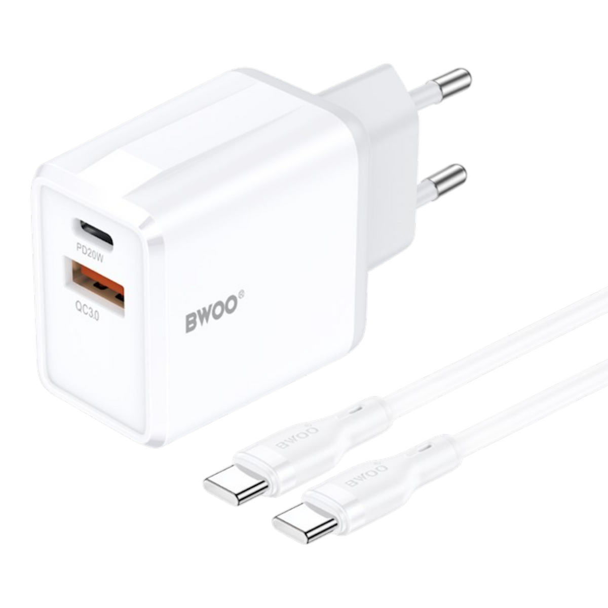 Črn polnilnik BWOO CDA182 USB-A + USB-C QC 38W s priloženim 1 m kablom