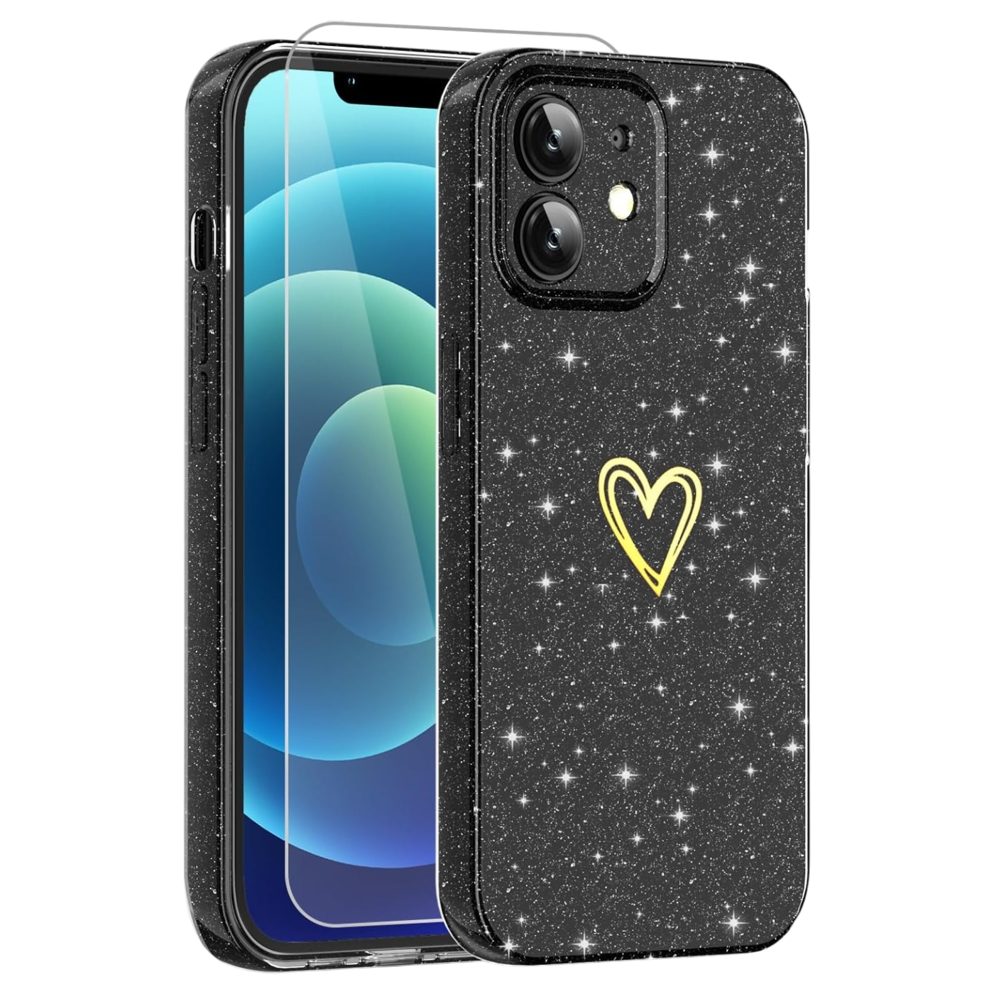 Glitter Scandi ovitek in zaščitno steklo za iPhone 12 Mini črna eleganten bleščeč etui z zaščito zaslona