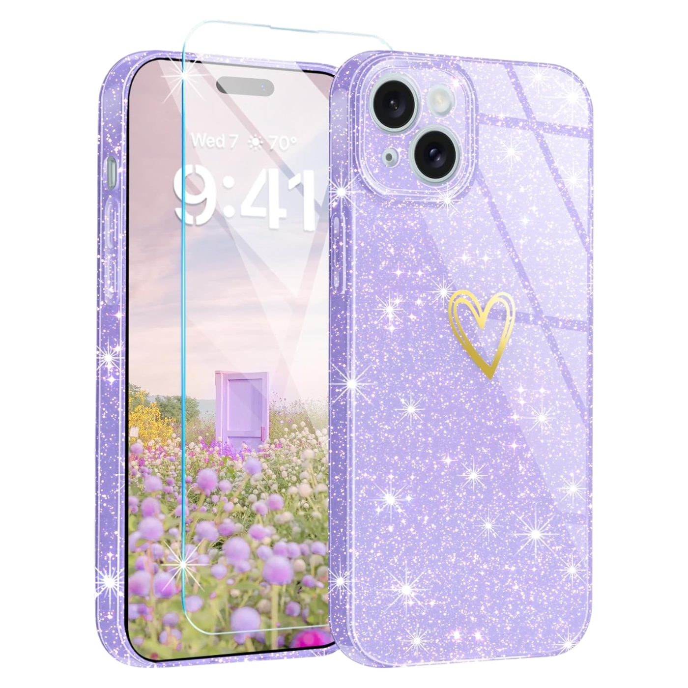 Glitter Scandi ovitek in zaščitno steklo za iPhone 14 v vijolični barvi za popolno zaščito in moderen videz.