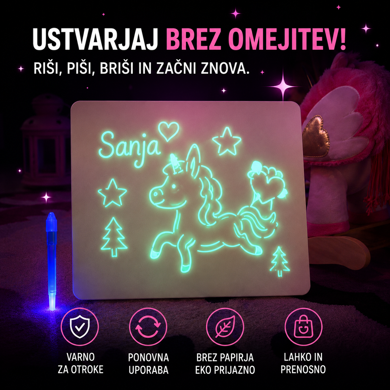 Glow risalna tabla za ustvarjanje v temi z unicorn motivom in UV svetlobnim pisalom