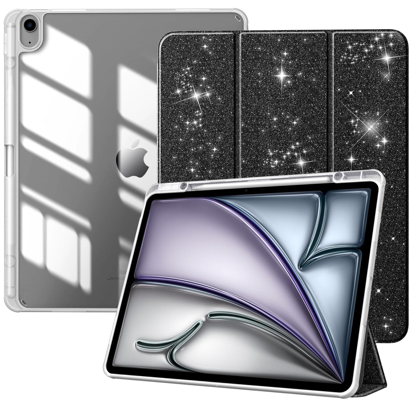 TiMOVOovitekza iPadAir11(M2/M3/M4 2024–2026)iniPadAir10.9(2020/2022),prozornazadnjastran,držalozapisalo,bleščečečrna