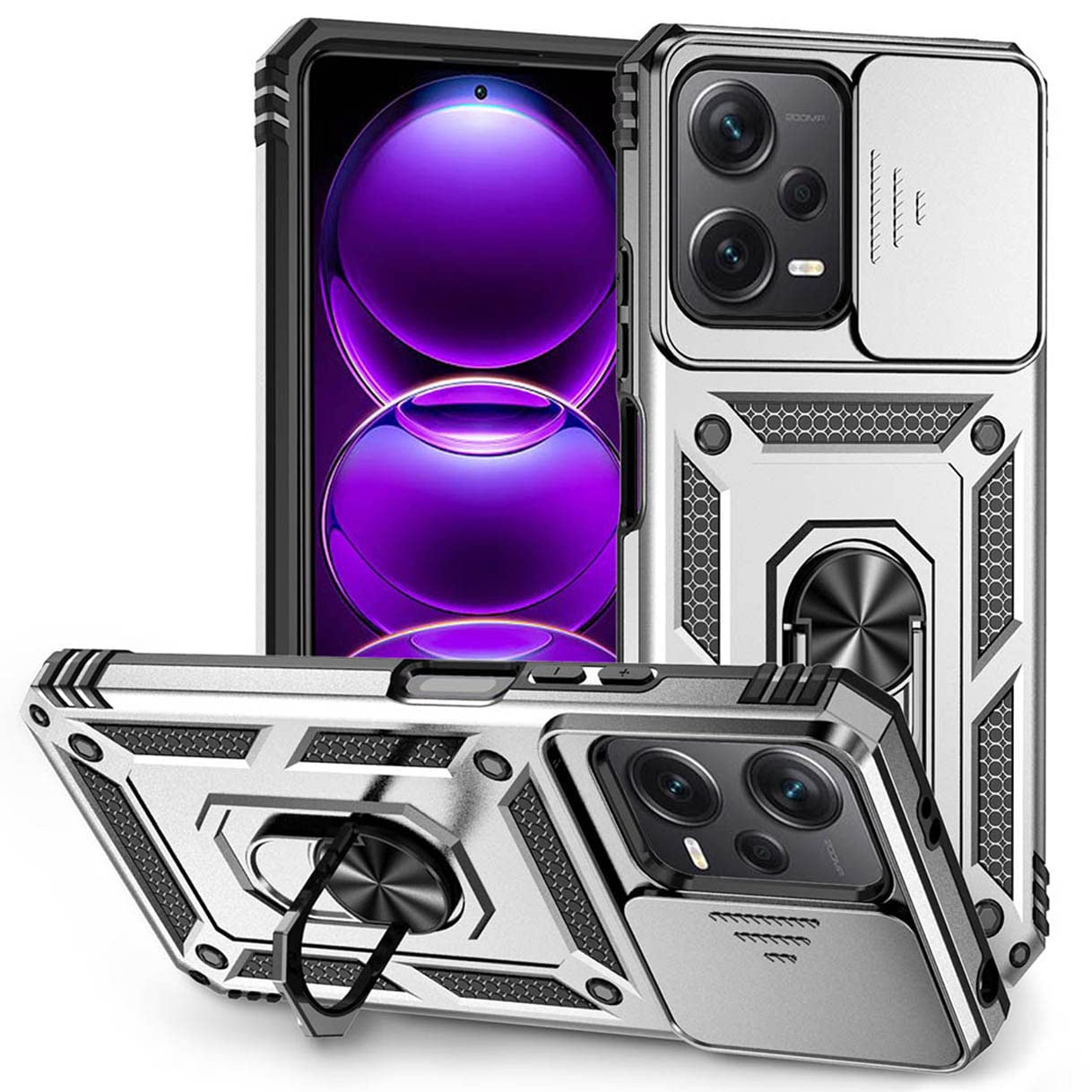 HAOYE Xiaomi Poco X5 Pro 5G Case - TPU+PC, Ring Stand, Camera Protection, Silver