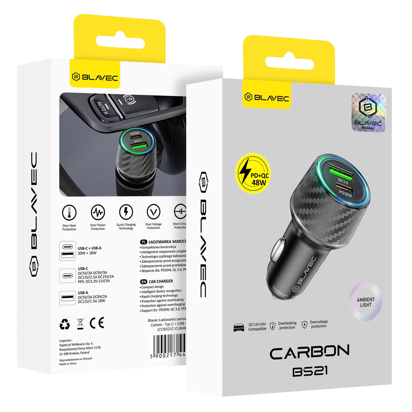 Avto polnilec USB + Type C 48W 3A – Borofone