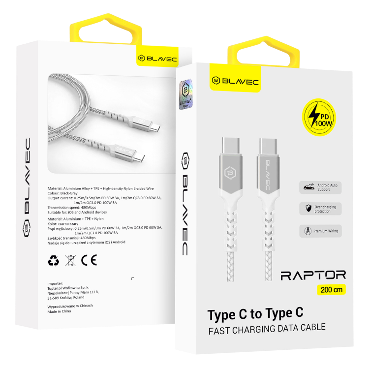 Polnilni kabel "Blavec Raptor - pleten" USB-C v USB-C PD 100W 5A 2M