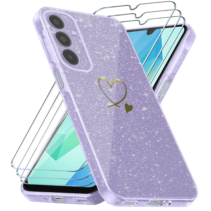 Ovitek za telefon + zaščitno steklo "Glitter Scandi" Samsung Galaxy A14 – Infostyle – vijolicna