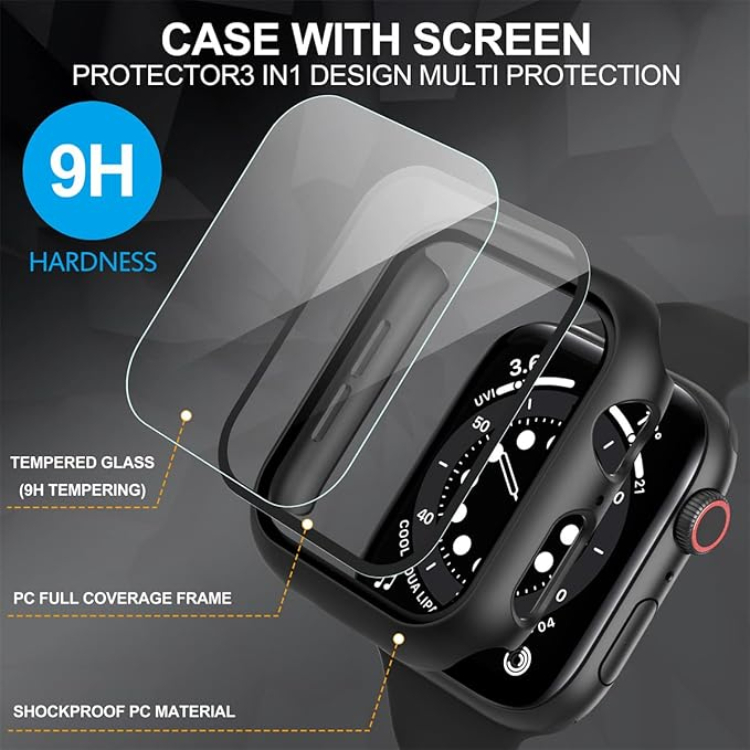 Zaščitni ovitek "Diruite" z zaščitnim steklom za Apple Watch Series 7/8/9 41 mm, črna (2kos)