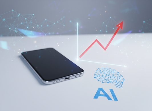 Pametni telefon z grafom rasti cen in simbolom umetne inteligence – prikaz podražitve naprav v letu 2026