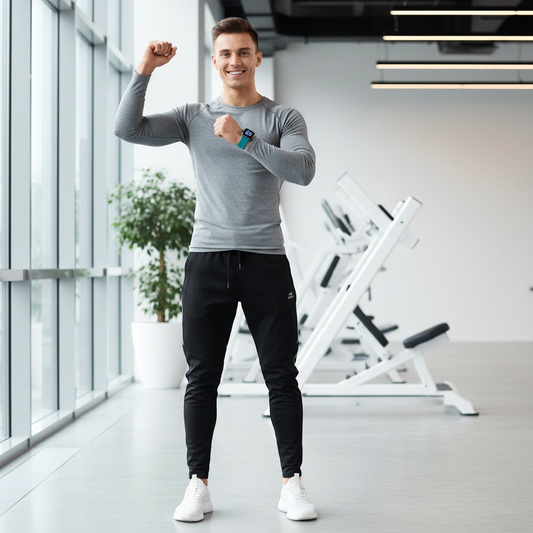 Oseba v fitnesu s pametno uro med treningom - primerjava pametnih ur in fitnes zapestnic