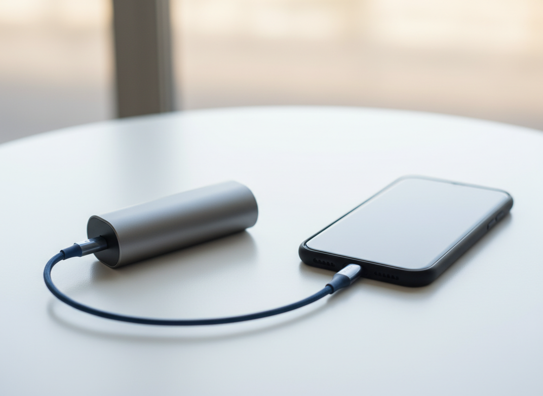 Power bank na beli mizi ob modernem pametnem telefonu in polnilnem kablu – minimalistična lifestyle scena