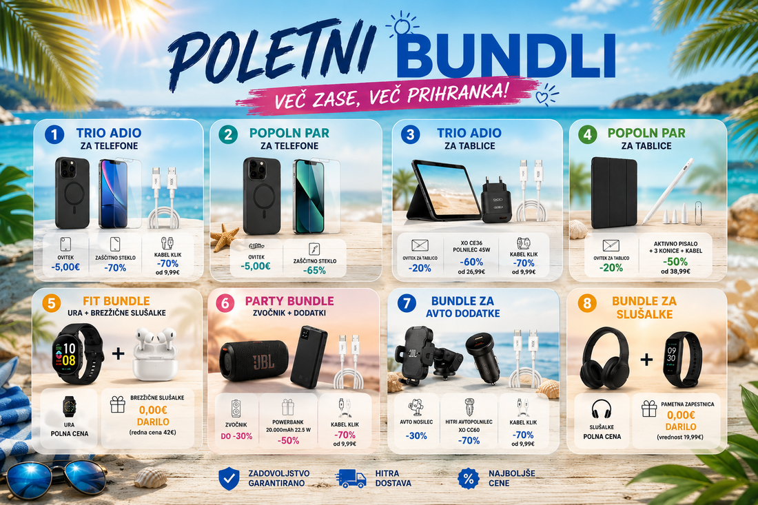 Poletni bundli Infostyle z osmimi ugodnimi paketi za telefone, tablice, pametne ure, zvočnike, avto dodatke in slušalke.