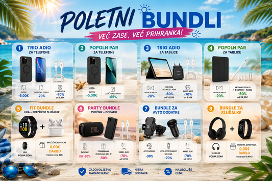 Poletni bundli Infostyle z osmimi ugodnimi paketi za telefone, tablice, pametne ure, zvočnike, avto dodatke in slušalke.