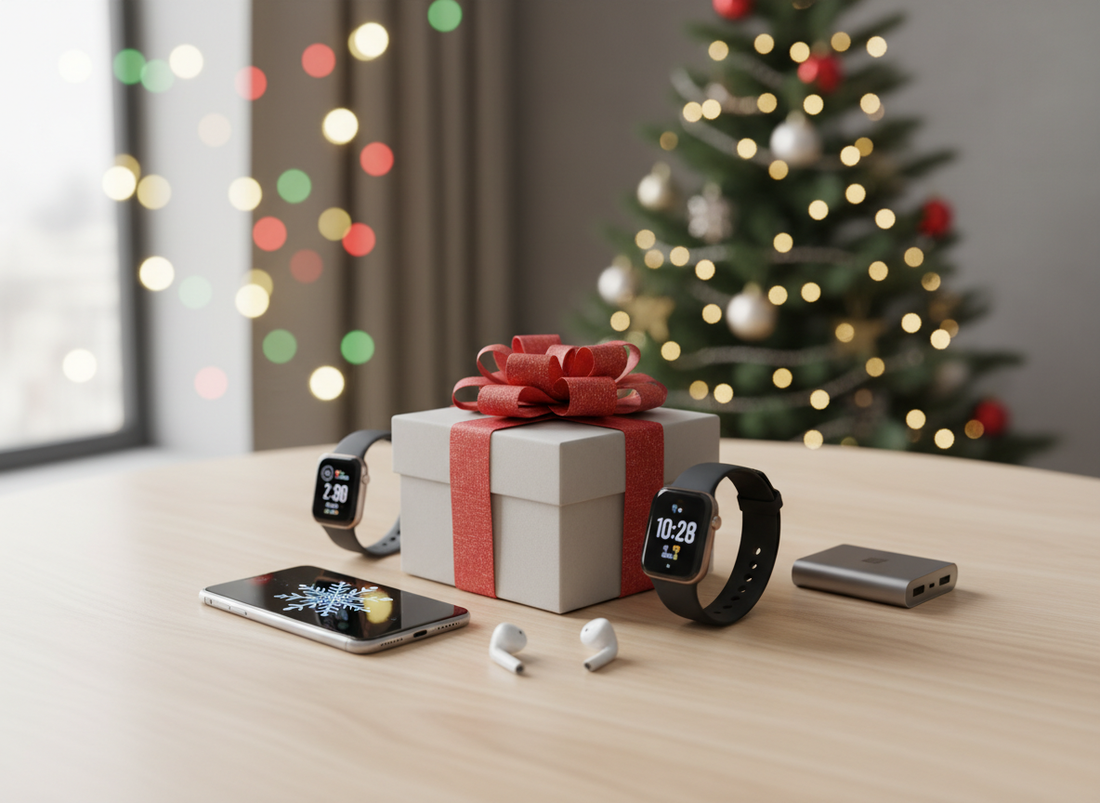Tehnološka darila za praznike na darilni mizi.