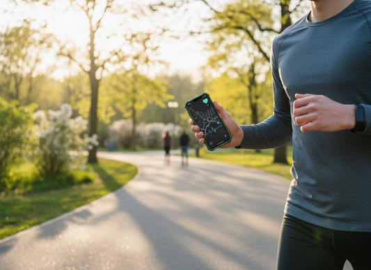 Oseba med tekom na prostem spomladi uporablja pametni telefon z zaščitnim ovitkom v sončnem parku