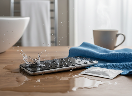 Pametni telefon z vodnimi kapljicami po padcu v vodo na mizi ob umivalniku, mikrokrpa in silika gel za sušenje telefona.