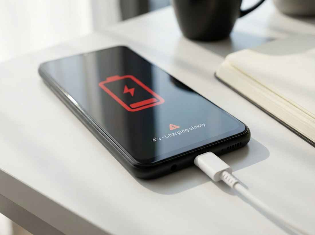Zaslonski prikaz baterije telefona s počasnim polnjenjem, diagnostika problema s hitrim polnilcem priključenim