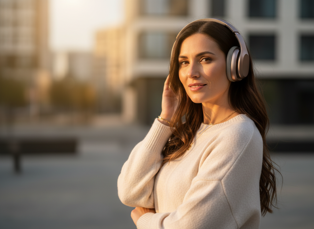 Privlačna odrasla ženska nosi moderne brezžične over-ear slušalke v topli premium svetlobi, lifestyle fotografija za spletno trgovino.