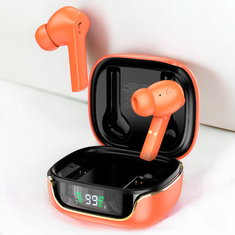 Brezžične slušalke Hoco Earbuds z LED digitalnim zaslonom na polnilni škatljici - Oranžna – Oranžna